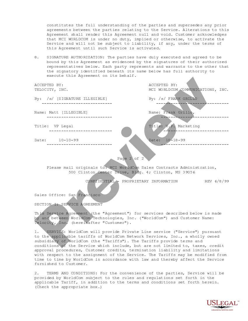 Get Private Line Service Agreement between MCI Worldcom Communications, Inc. and Telocity, Inc. Preview Private Line Service Agreement between MCI Worldcom Communications, Inc. and Telocity, Inc.