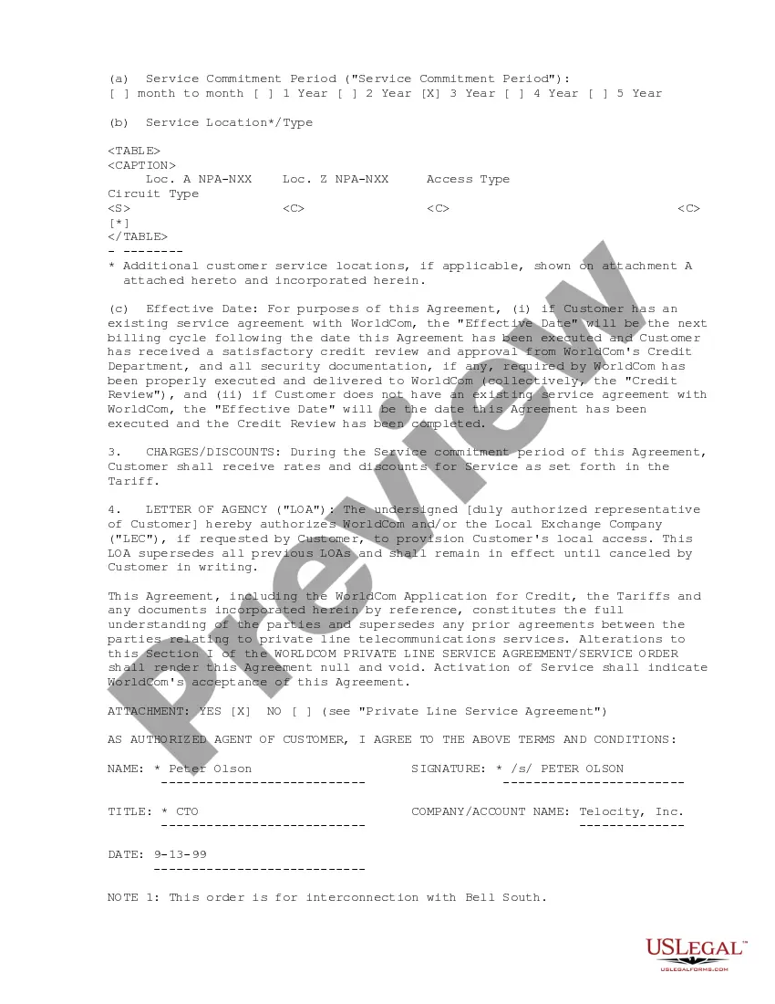 Get Private Line Service Agreement between MCI Worldcom Communications, Inc. and Telocity, Inc. Preview Private Line Service Agreement between MCI Worldcom Communications, Inc. and Telocity, Inc.