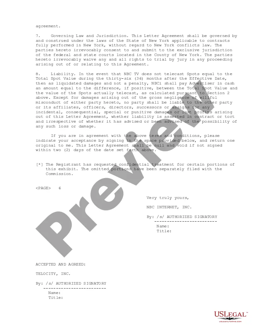 Preview Advertising Agreement between NBC Internet, Inc. and Telocity, Inc.