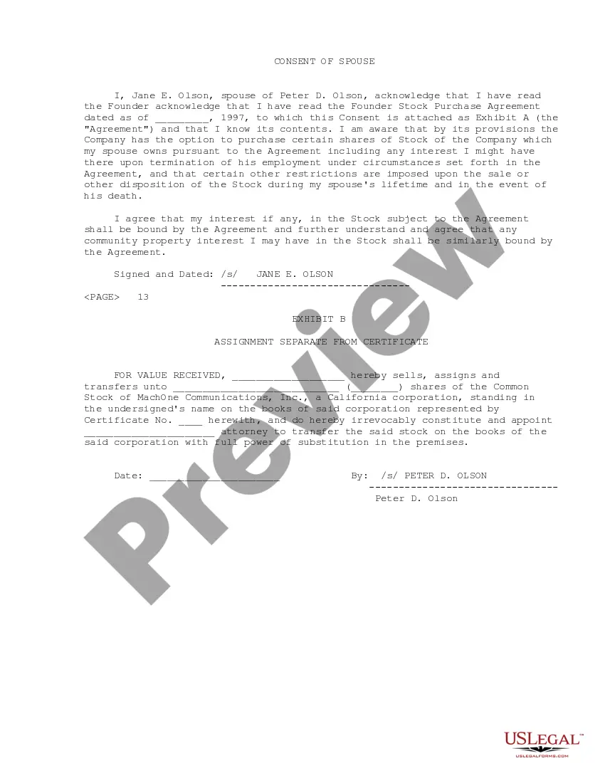 Get Sample Founder Stock Purchase Agreement between MachOne Communications, Inc. and Peter D. Olson Preview Sample Founder Stock Purchase Agreement between MachOne Communications, Inc. and Peter D. Olson