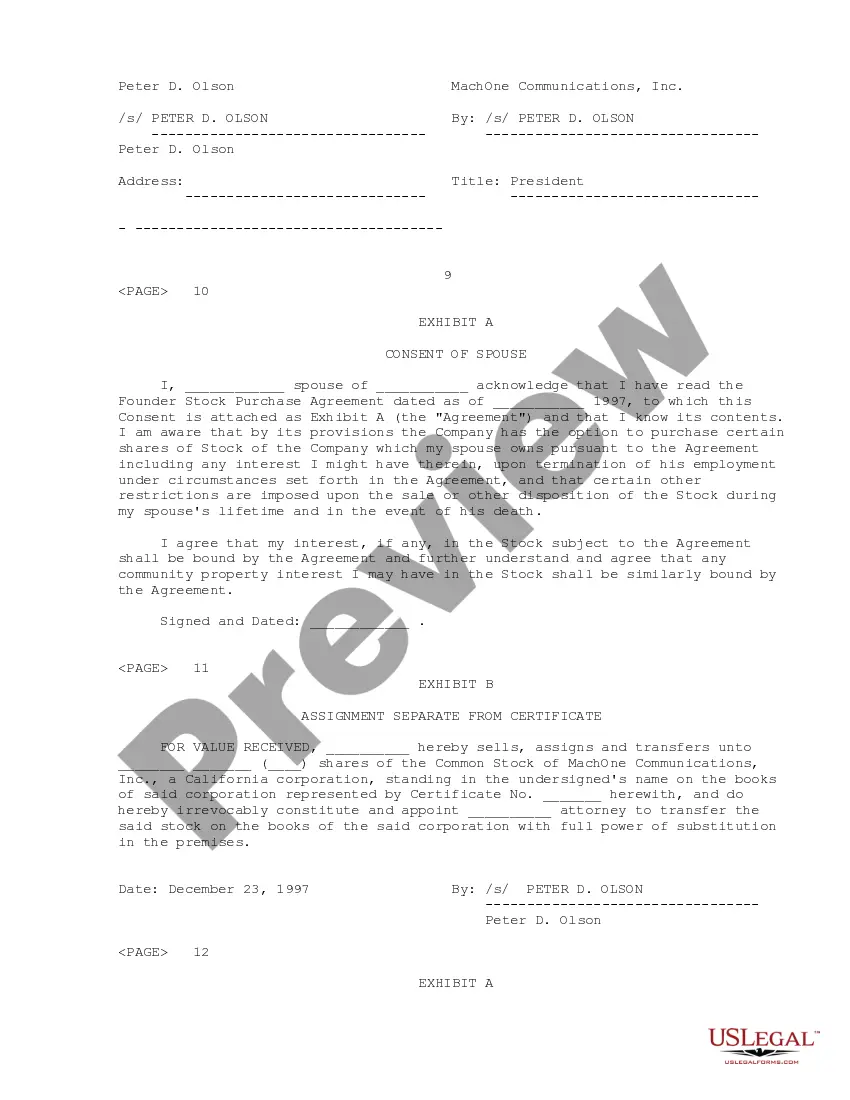 Get Sample Founder Stock Purchase Agreement between MachOne Communications, Inc. and Peter D. Olson Preview Sample Founder Stock Purchase Agreement between MachOne Communications, Inc. and Peter D. Olson