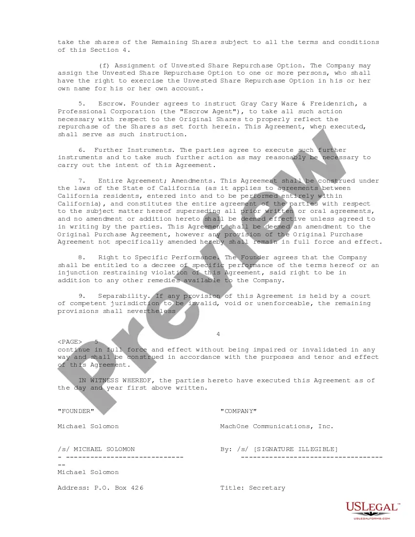 Get Sample Founder Stock Repurchase Agreement between MachOne Communications, Inc. and Michael Solomon Preview Sample Founder Stock Repurchase Agreement between MachOne Communications, Inc. and Michael Solomon