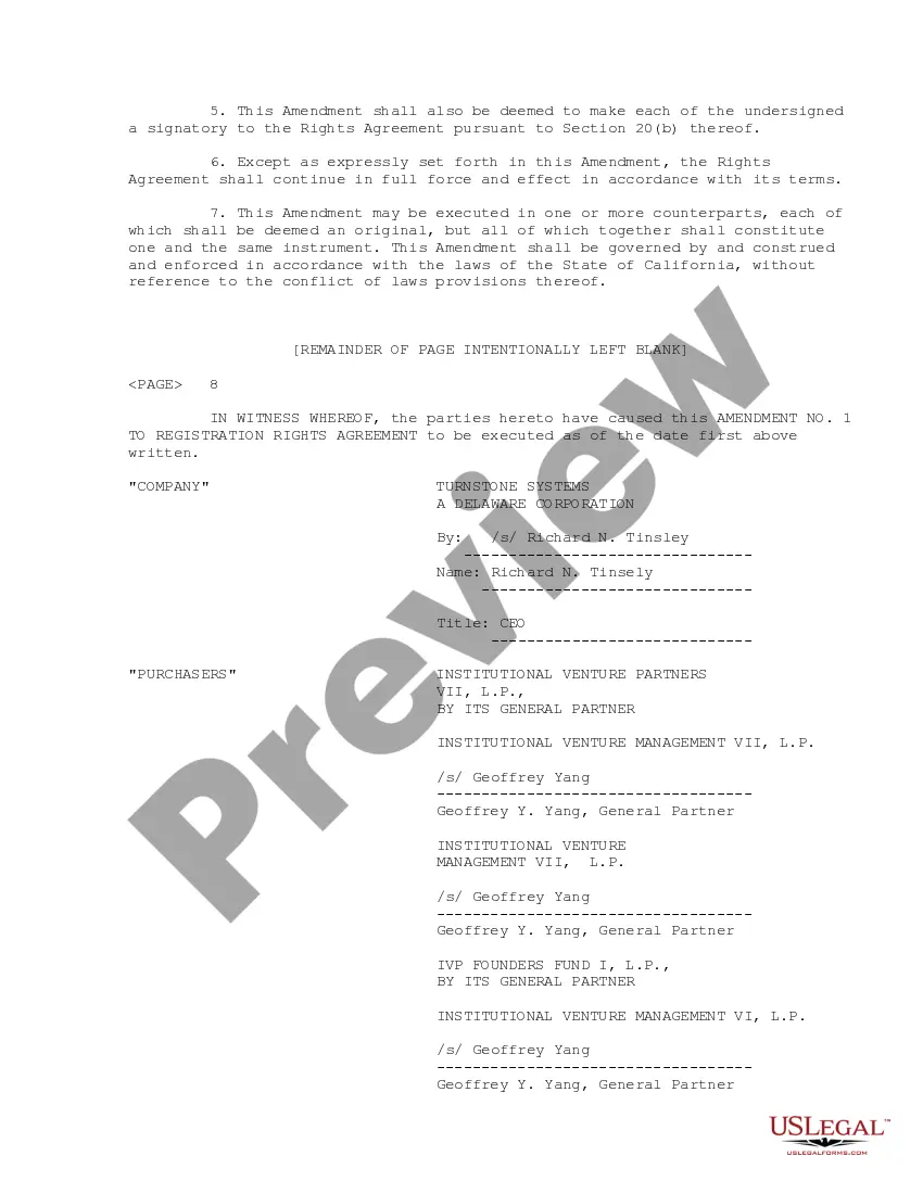 Get Amendment No. 1 to Registration Rights Agreement between Turnstone Systems, Inc. and purchaser Preview Amendment No. 1 to Registration Rights Agreement between Turnstone Systems, Inc. and purchaser