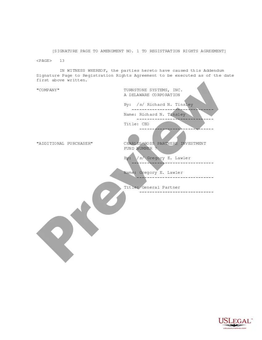 Get Amendment No. 1 to Registration Rights Agreement between Turnstone Systems, Inc. and purchaser Preview Amendment No. 1 to Registration Rights Agreement between Turnstone Systems, Inc. and purchaser