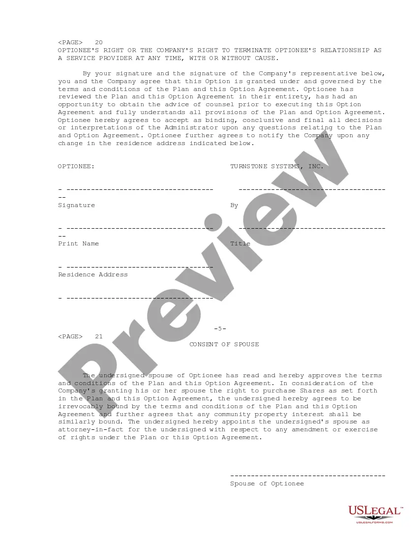 Get Stock Option Agreement of Turnstone Systems, Inc. Preview Stock Option Agreement of Turnstone Systems, Inc.