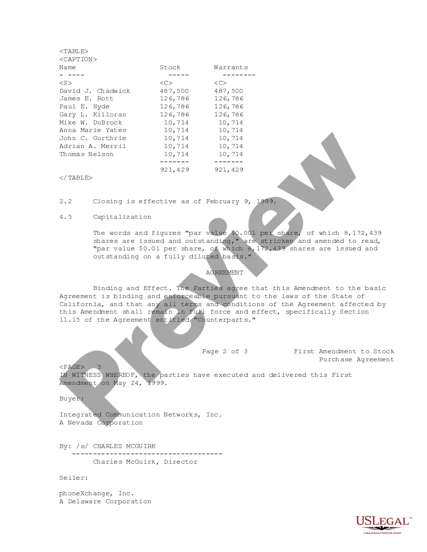 Get First Amendment to Sample Stock Purchase Agreement between Integrated Communication Networks, Inc. and PhoneXchange, Inc. Preview First Amendment to Sample Stock Purchase Agreement between Integrated Communication Networks, Inc. and PhoneXchange, Inc.