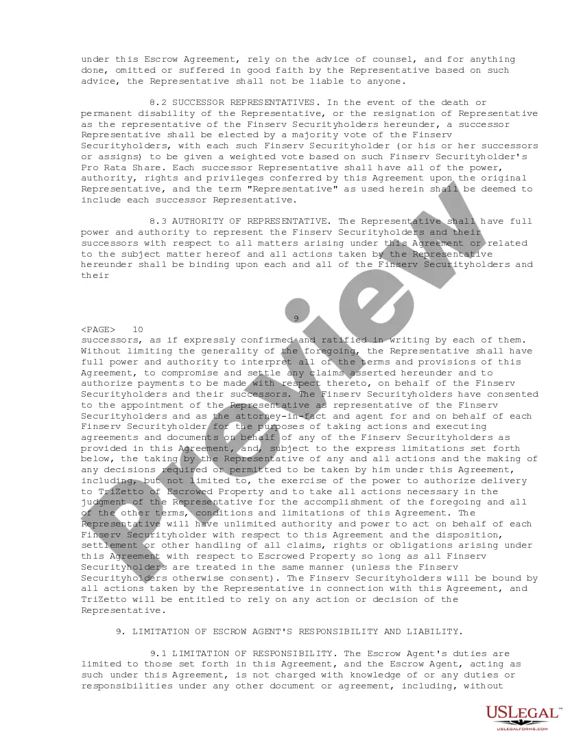 Get Escrow Agreement between The TriZetto Group, Inc., the Finserv Securityholders, Stuart Schloss and Bankers Trust Co. Preview Escrow Agreement between The TriZetto Group, Inc., the Finserv Securityholders, Stuart Schloss and Bankers Trust Co.