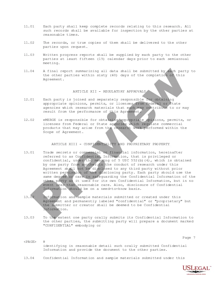 Get Research and Development Agreement between USDAs Agricultural Research Service, eMerge Vision Systems, Inc., and IA State Univ. of Science and Technology Preview Research and Development Agreement between USDAs Agricultural Research Service, eMerge Vision Systems, Inc., and IA State Univ. of Science and Technology