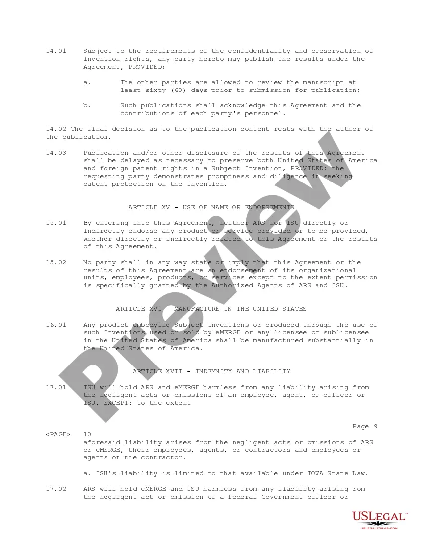 Get Research and Development Agreement between USDAs Agricultural Research Service, eMerge Vision Systems, Inc., and IA State Univ. of Science and Technology Preview Research and Development Agreement between USDAs Agricultural Research Service, eMerge Vision Systems, Inc., and IA State Univ. of Science and Technology
