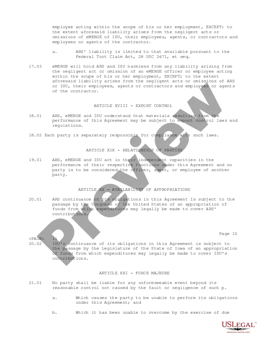 Get Research and Development Agreement between USDAs Agricultural Research Service, eMerge Vision Systems, Inc., and IA State Univ. of Science and Technology Preview Research and Development Agreement between USDAs Agricultural Research Service, eMerge Vision Systems, Inc., and IA State Univ. of Science and Technology