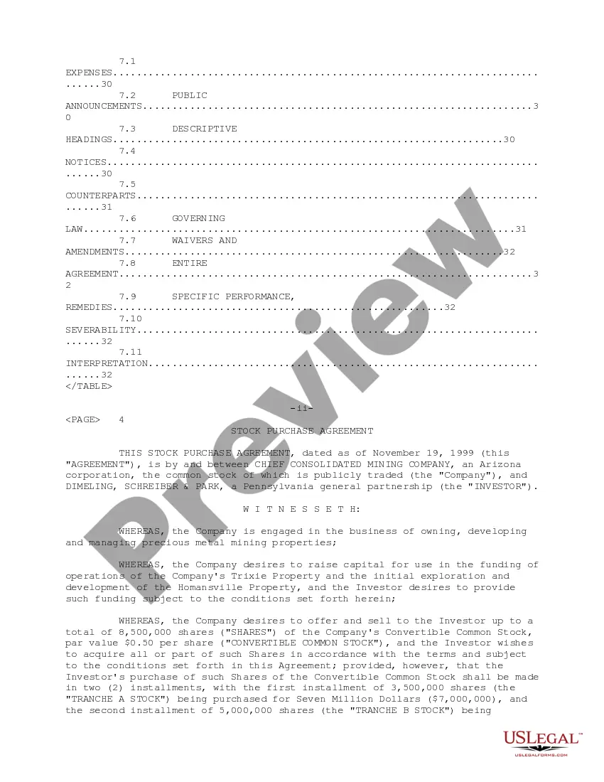 Get Sample Stock Purchase Agreement between Chief Consolidated Mining Company and Dimeling Preview Sample Stock Purchase Agreement between Chief Consolidated Mining Company and Dimeling