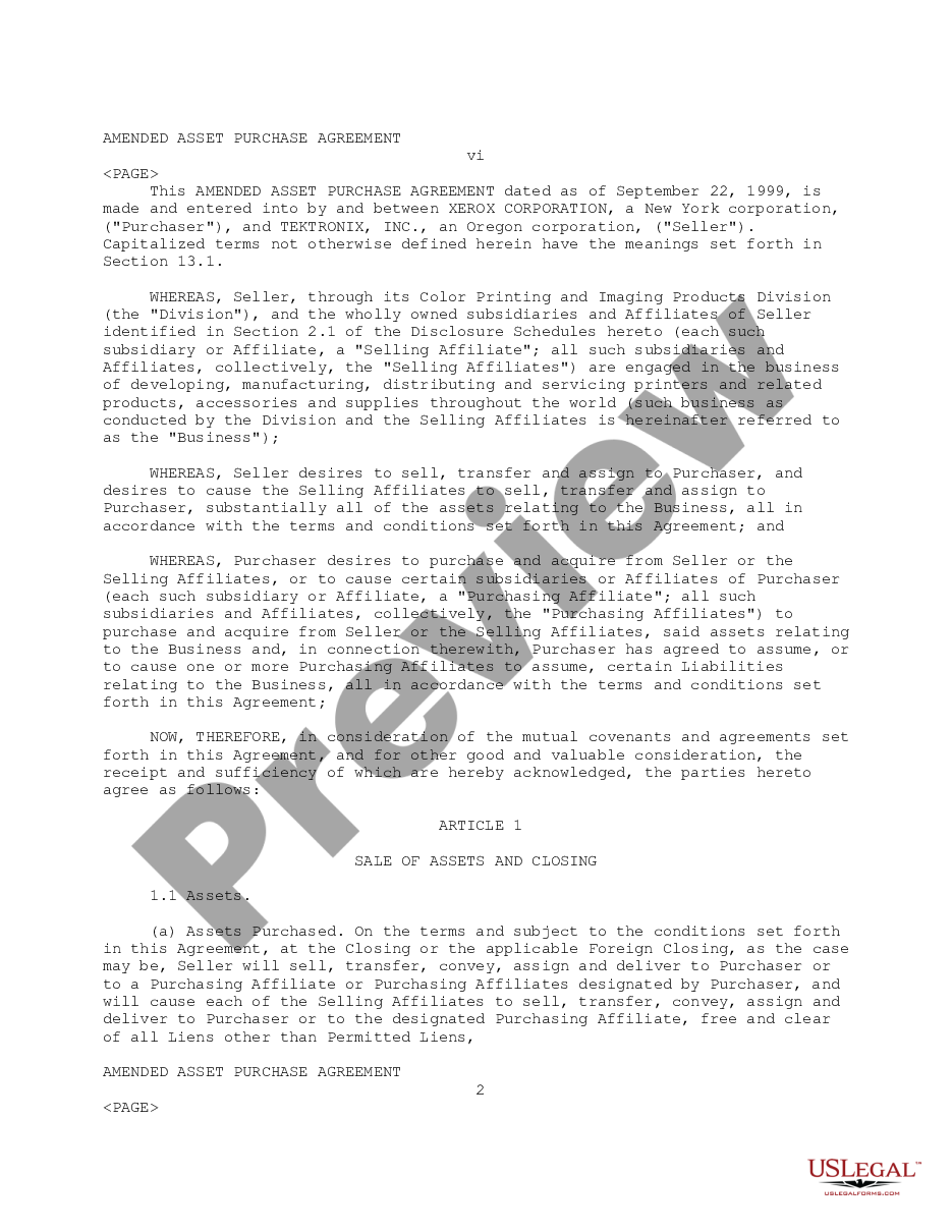 page 4 Amended Asset Purchase Agreement between Xerox Corp. and Tektronix, Inc. with Respect to Its Color Printing / Imaging Products Division - Sample preview