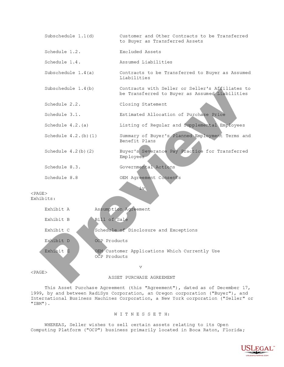 page 4 Sample Asset Purchase Agreement between RadiSys Corporation and International Business Machines Corporation  - Sample preview