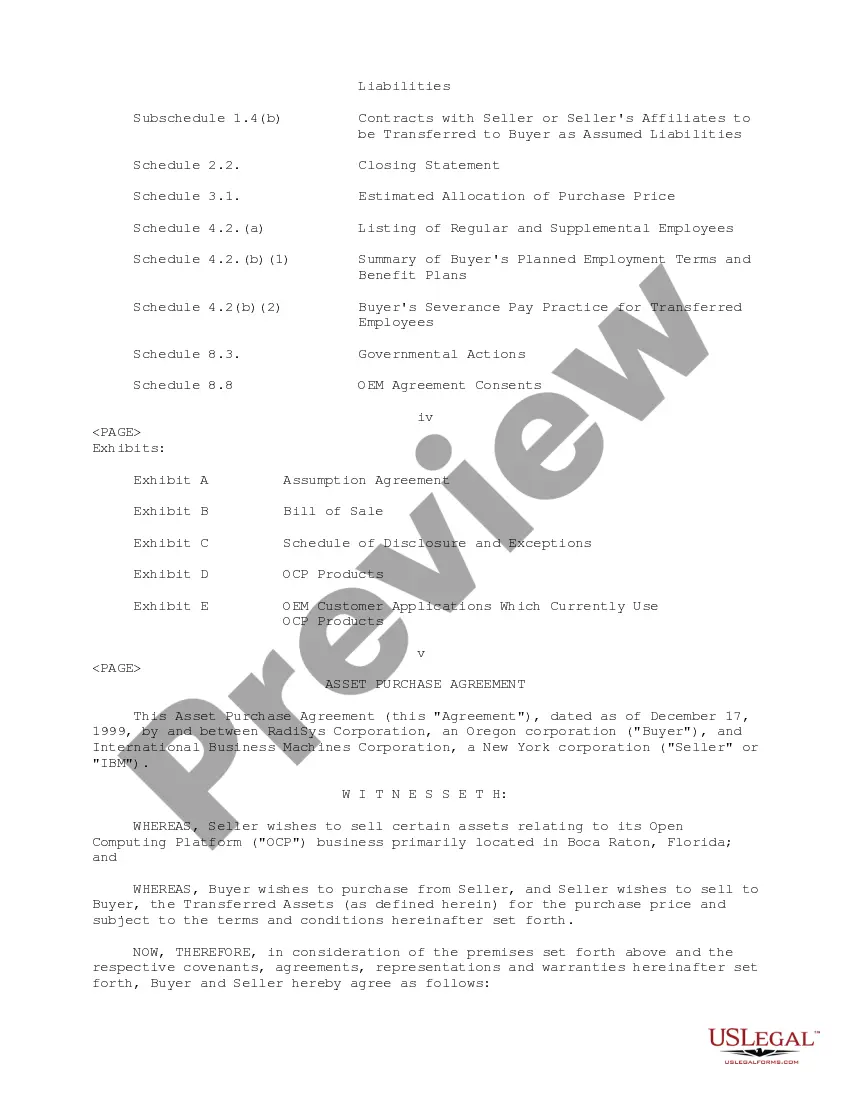 Get Sample Asset Purchase Agreement between RadiSys Corporation and International Business Machines Corporation - Sample Preview Sample Asset Purchase Agreement between RadiSys Corporation and International Business Machines Corporation - Sample