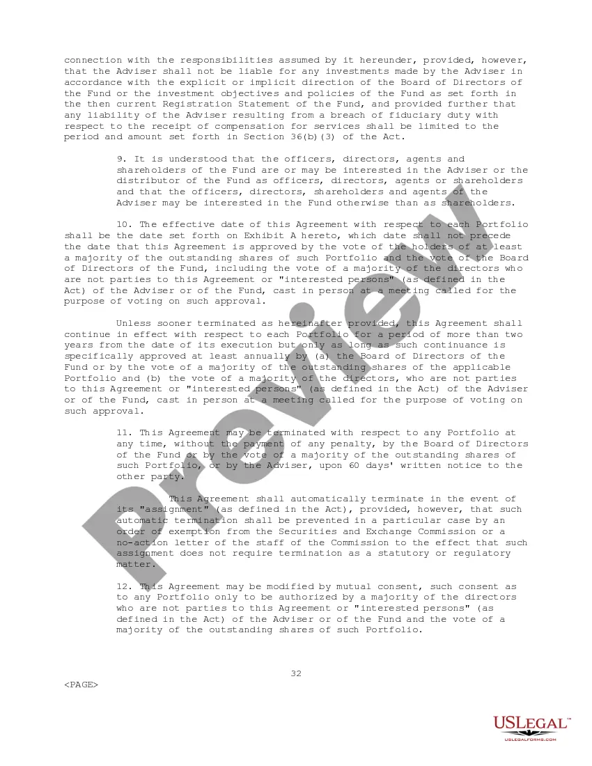 Preview Investment Advisory Agreement between First American Insurance Portfolios, Inc. and U.S. Bank National Assoc.