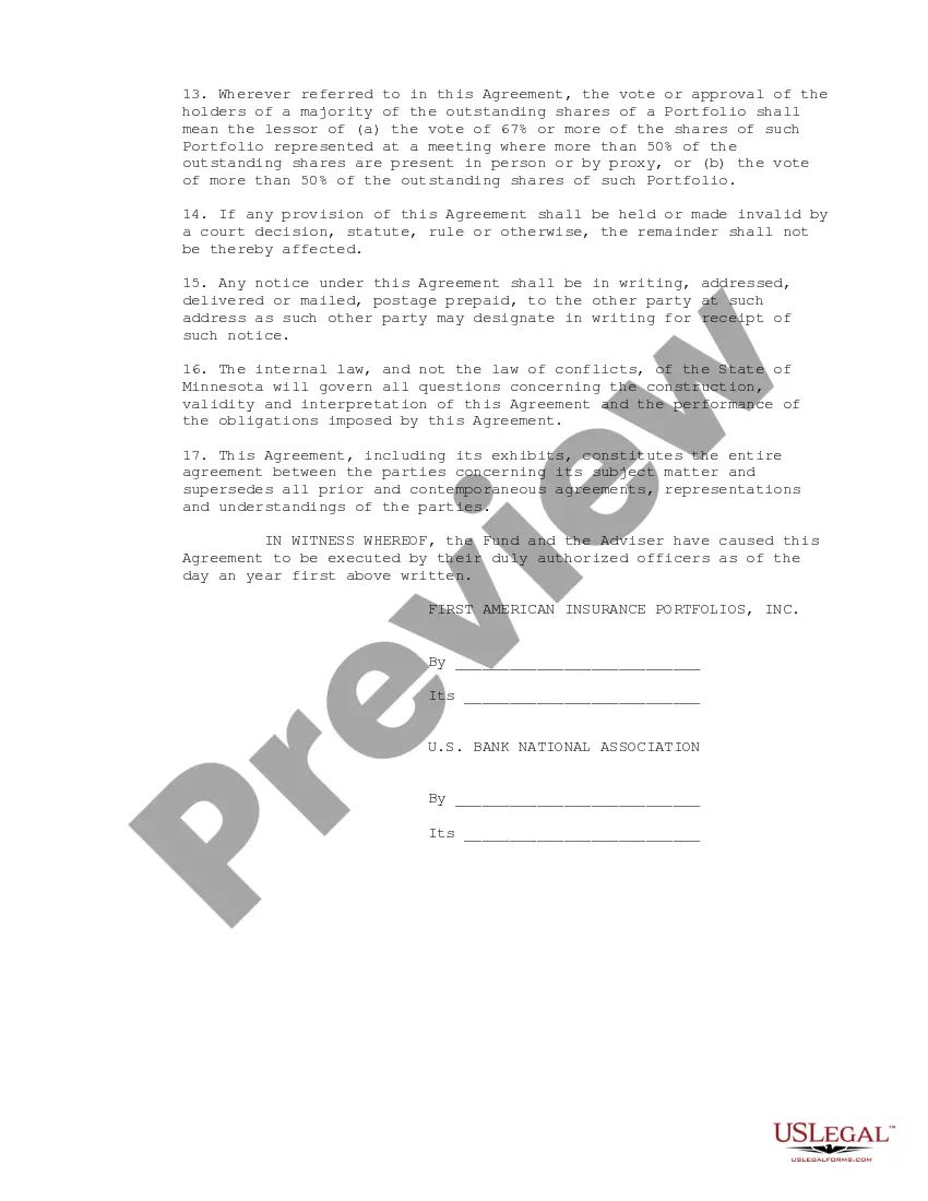 Preview Investment Advisory Agreement between First American Insurance Portfolios, Inc. and U.S. Bank National Assoc.