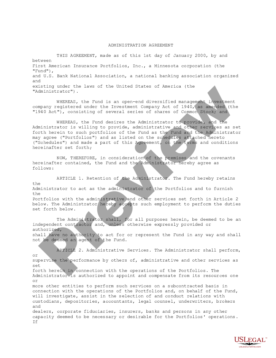 page 0 Administration Agreement between First American Insurance Portfolios, Inc. and U.S. Bank National Association preview