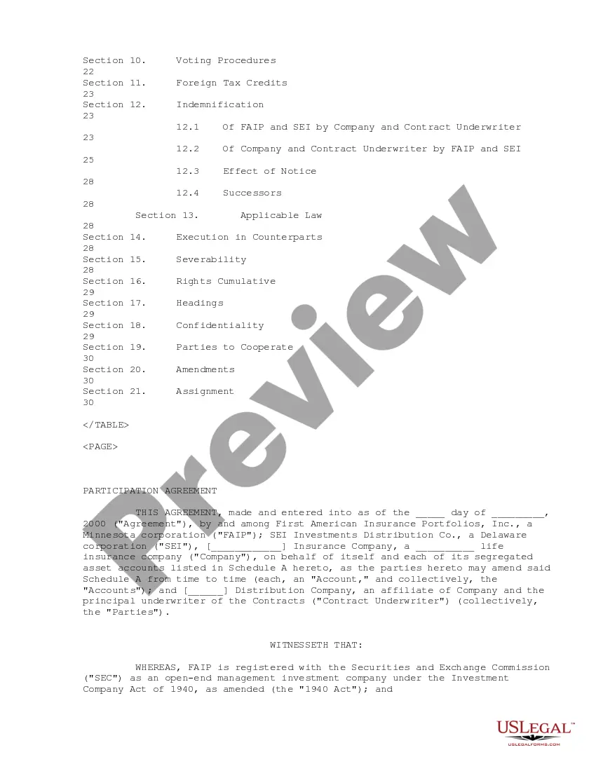 Get Participation Agreement between First American Ins. Portfolios, Inc., SEI Investments Distribution Co. Preview Participation Agreement between First American Ins. Portfolios, Inc., SEI Investments Distribution Co.