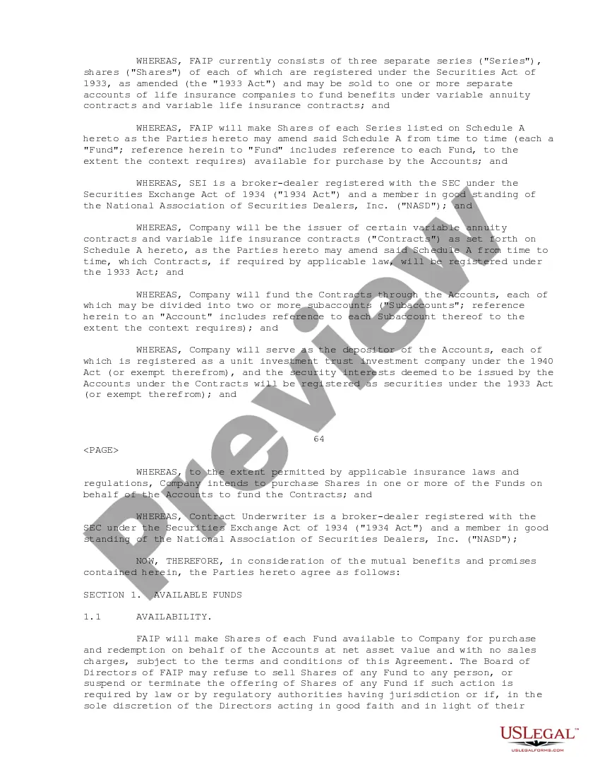 Get Participation Agreement between First American Ins. Portfolios, Inc., SEI Investments Distribution Co. Preview Participation Agreement between First American Ins. Portfolios, Inc., SEI Investments Distribution Co.
