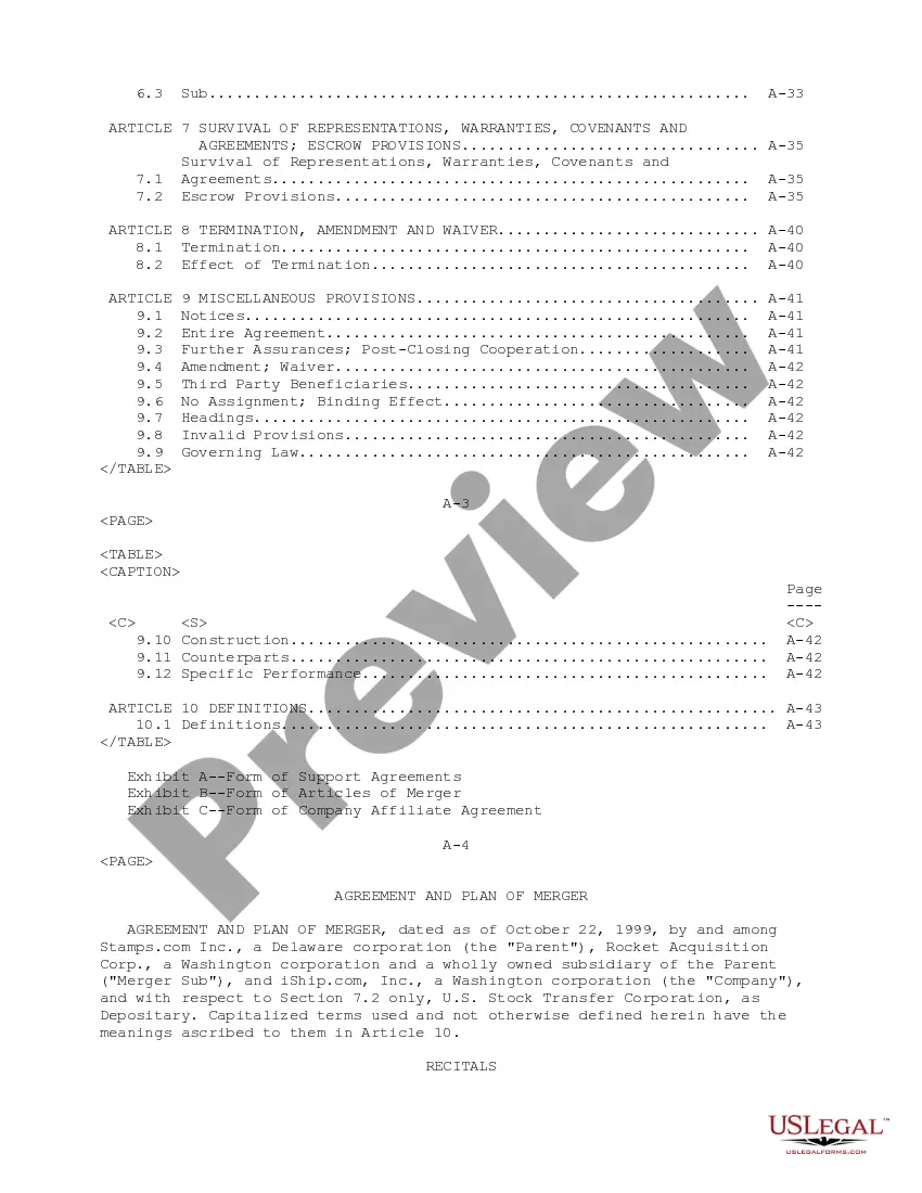 Get Plan of Merger between Stamps.Com, Inc., Rocket Acquisition Corp. and Iship.Com, Inc. Preview Plan of Merger between Stamps.Com, Inc., Rocket Acquisition Corp. and Iship.Com, Inc.