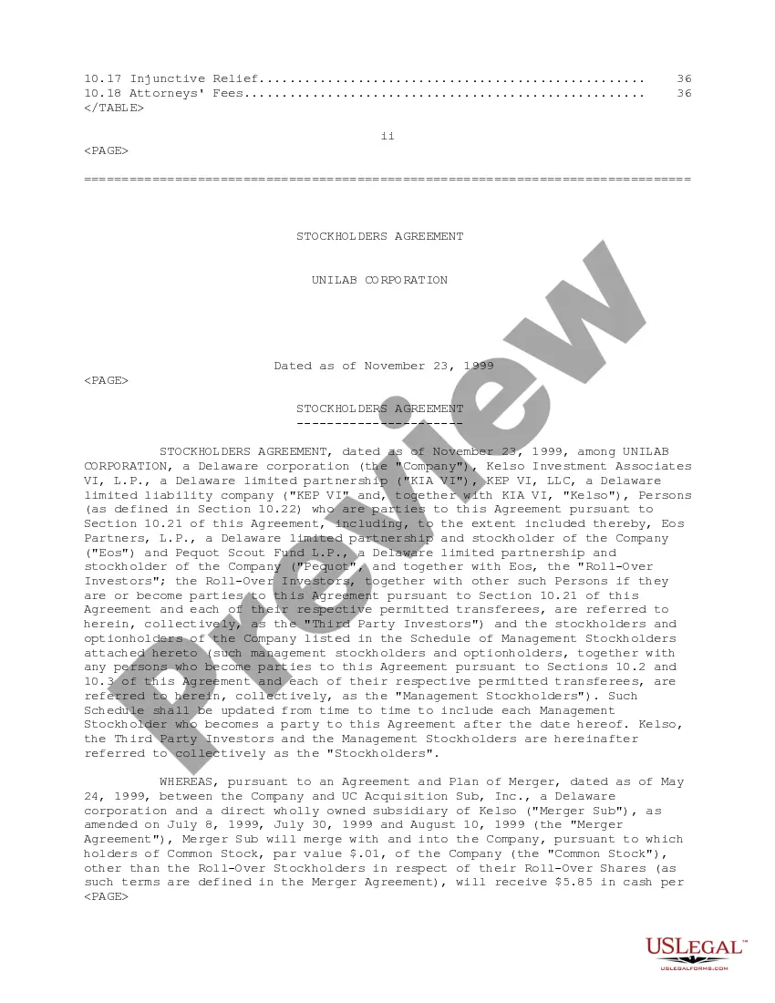 Get Stockholders Agreement between Unilab Corp., Kelso Investment Associates VI, LLP, KEP VI, LLC, EOS Partners, LP, Pequot Scout Fund, LP, and Rollover Investors Preview Stockholders Agreement between Unilab Corp., Kelso Investment Associates VI, LLP, KEP VI, LLC, EOS Partners, LP, Pequot Scout Fund, LP, and Rollover Investors