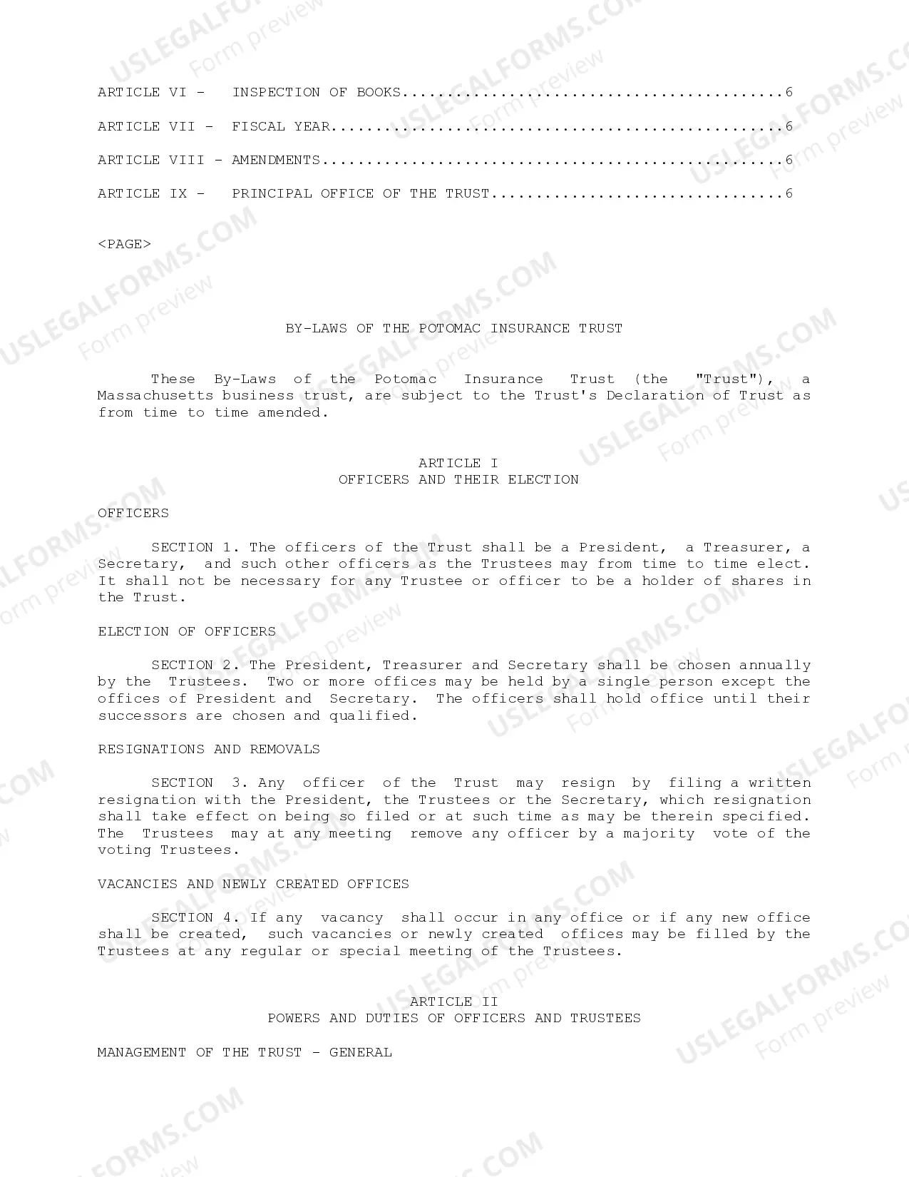 Preview Bylaws of Potomac Insurance Trust