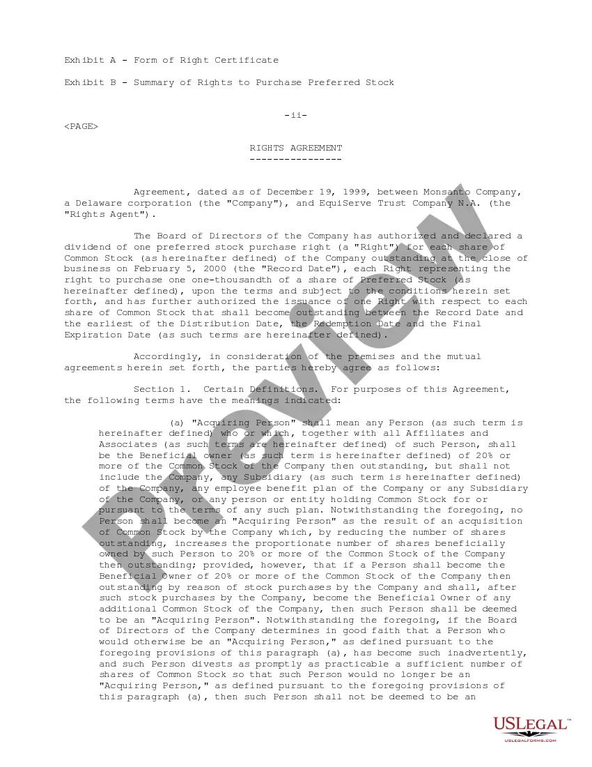 Get Rights Agreement between Monsanto Company and Equiserve Trust Company, N.A. Preview Rights Agreement between Monsanto Company and Equiserve Trust Company, N.A.