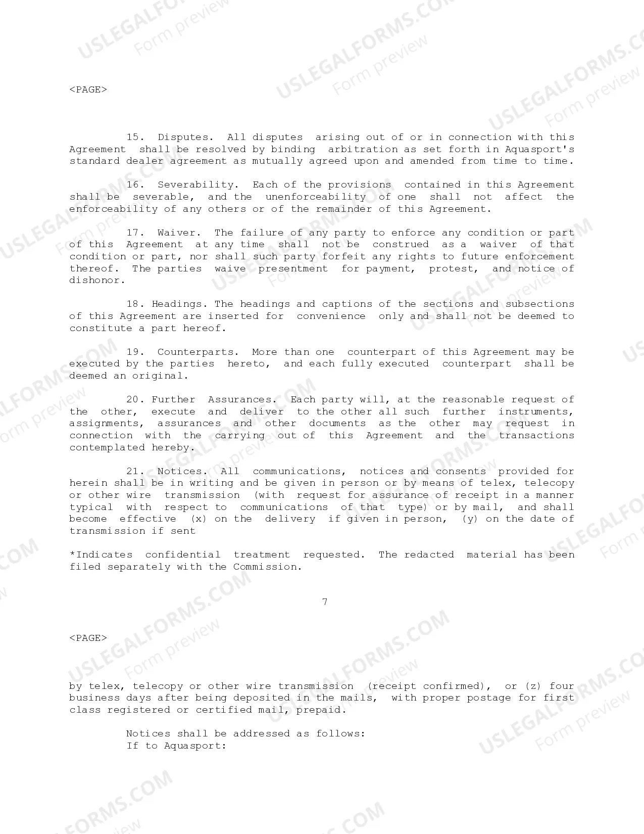 Preview Aquasport Master Dealer Agreement