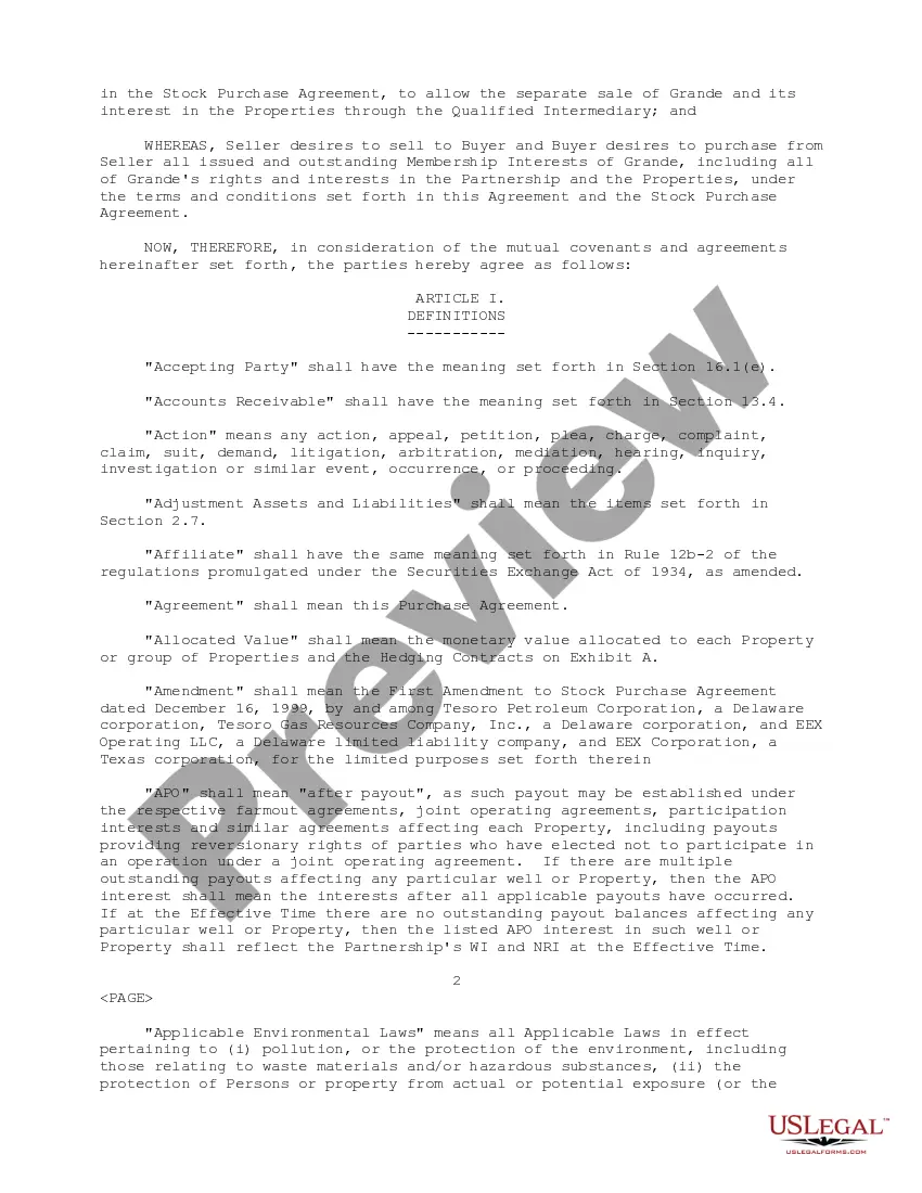 Get Sample Purchase Agreement between Tesoro Petroleum Corp., Tesoro Gas Resources Company, Inc. and EEX Operating, LLC regarding sale of all shares of capital stock Preview Sample Purchase Agreement between Tesoro Petroleum Corp., Tesoro Gas Resources Company, Inc. and EEX Operating, LLC regarding sale of all shares of capital stock