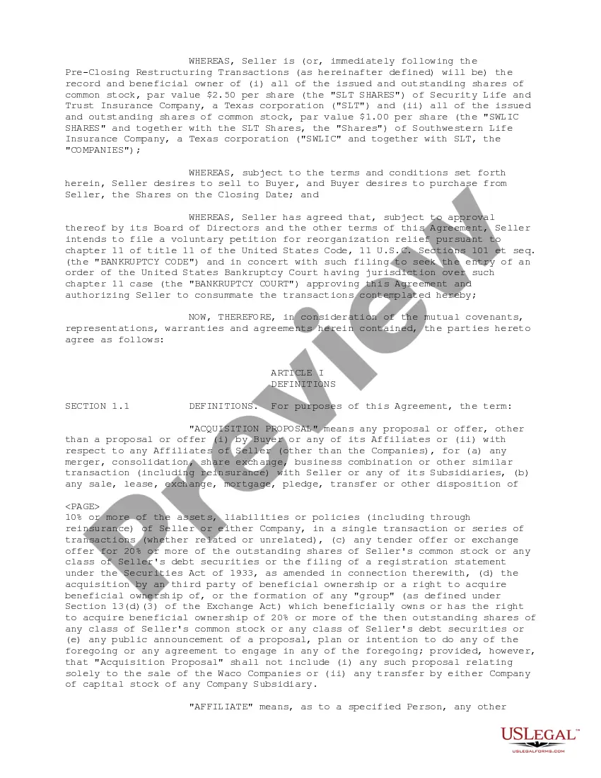 Get Sample Stock Purchase Agreement between Reassure America Life Insurance Co. and Penncorp Financial Group, Inc. regarding issued and outstanding shares common stock Preview Sample Stock Purchase Agreement between Reassure America Life Insurance Co. and Penncorp Financial Group, Inc. regarding issued and outstanding shares common stock