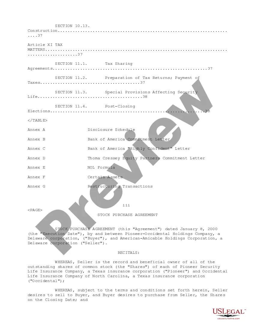 Get Sample Stock Purchase Agreement between Pioneer Occidental Holdings Co. and American Amicable Holdings Corp. regarding sale of shares Preview Sample Stock Purchase Agreement between Pioneer Occidental Holdings Co. and American Amicable Holdings Corp. regarding sale of shares
