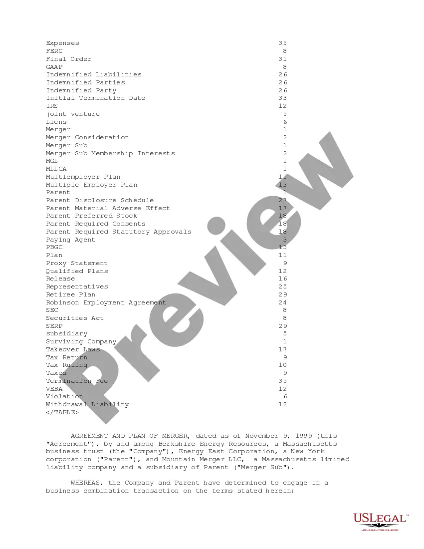 Get Plan of Merger between Berkshire Energy Resources, Energy East Corporation and Mountain Merger, LLC Preview Plan of Merger between Berkshire Energy Resources, Energy East Corporation and Mountain Merger, LLC