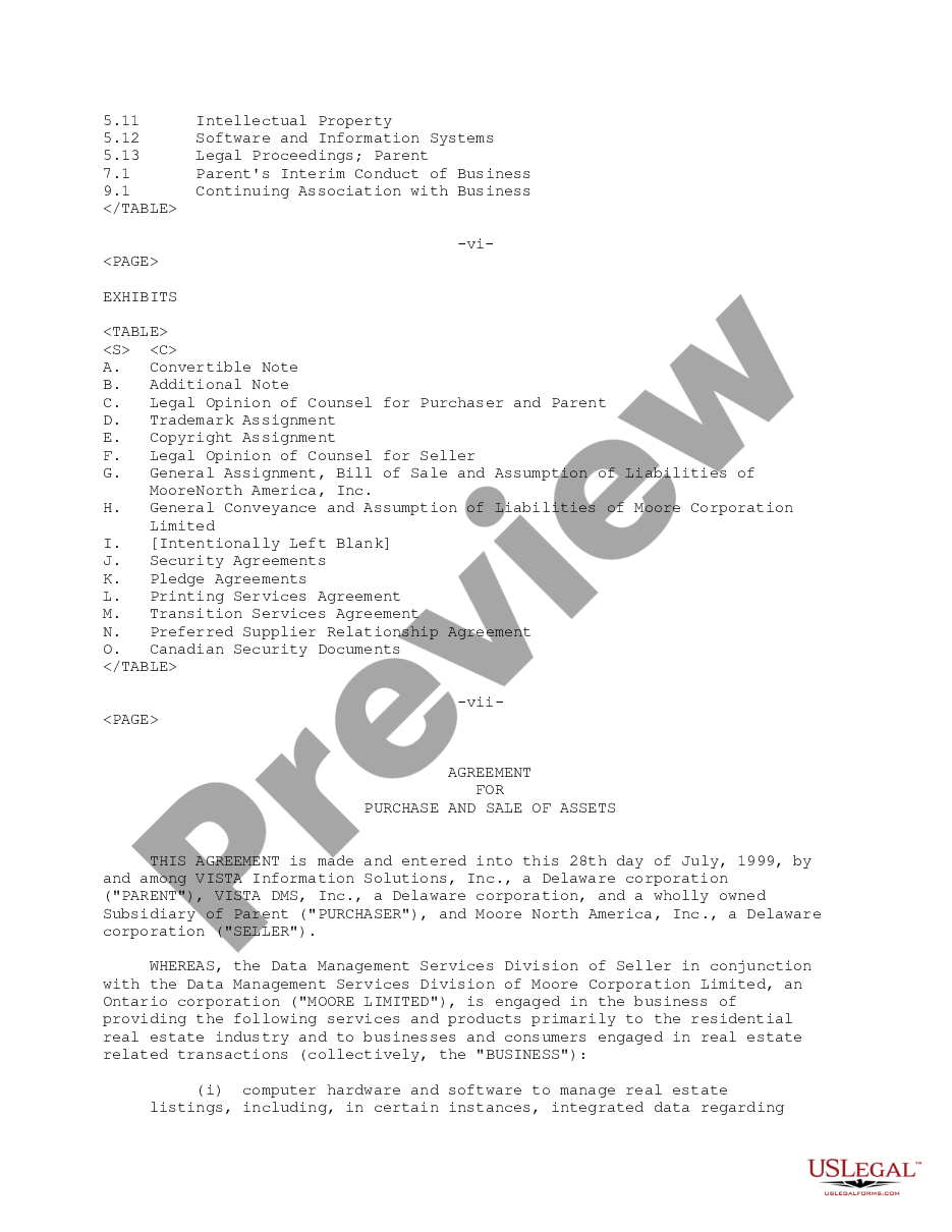 page 9 Sample Purchase and Sale Agreement and Sale of Assets between Moore North America, Inc., Vista DMS, Inc. and Vista Information Solutions, Inc. preview
