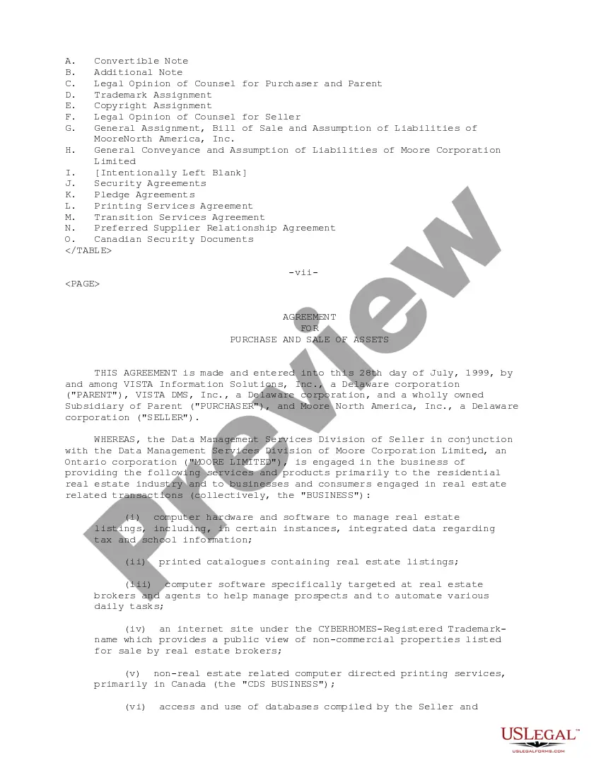 Preview Sample Purchase and Sale Agreement and Sale of Assets between Moore North America, Inc., Vista DMS, Inc. and Vista Information Solutions, Inc.