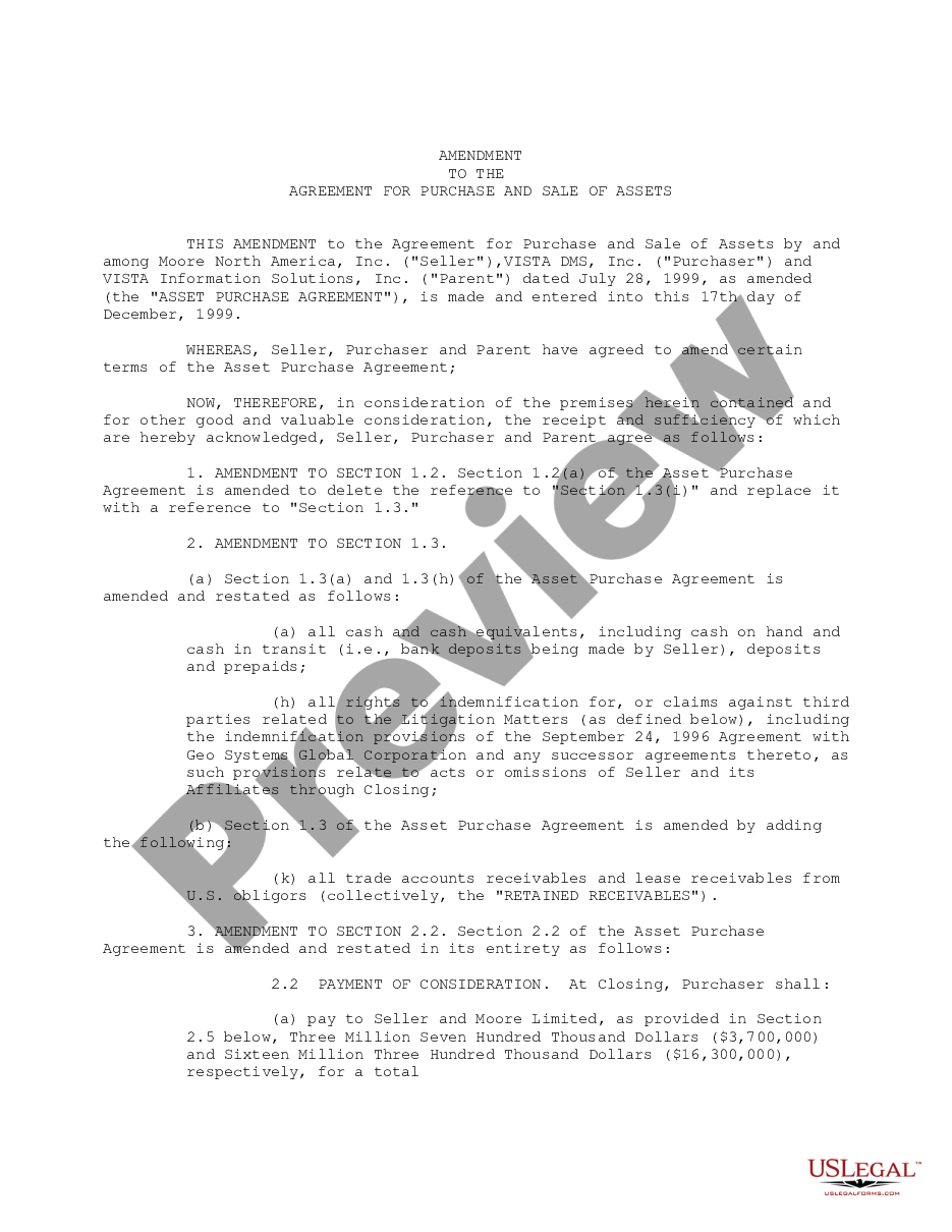 page 0 Amendment to Agreement for the Purchase and Sale of Assets between Moore North America, Inc., Vista DMS, Inc. and Vista Information Solutions, Inc. preview