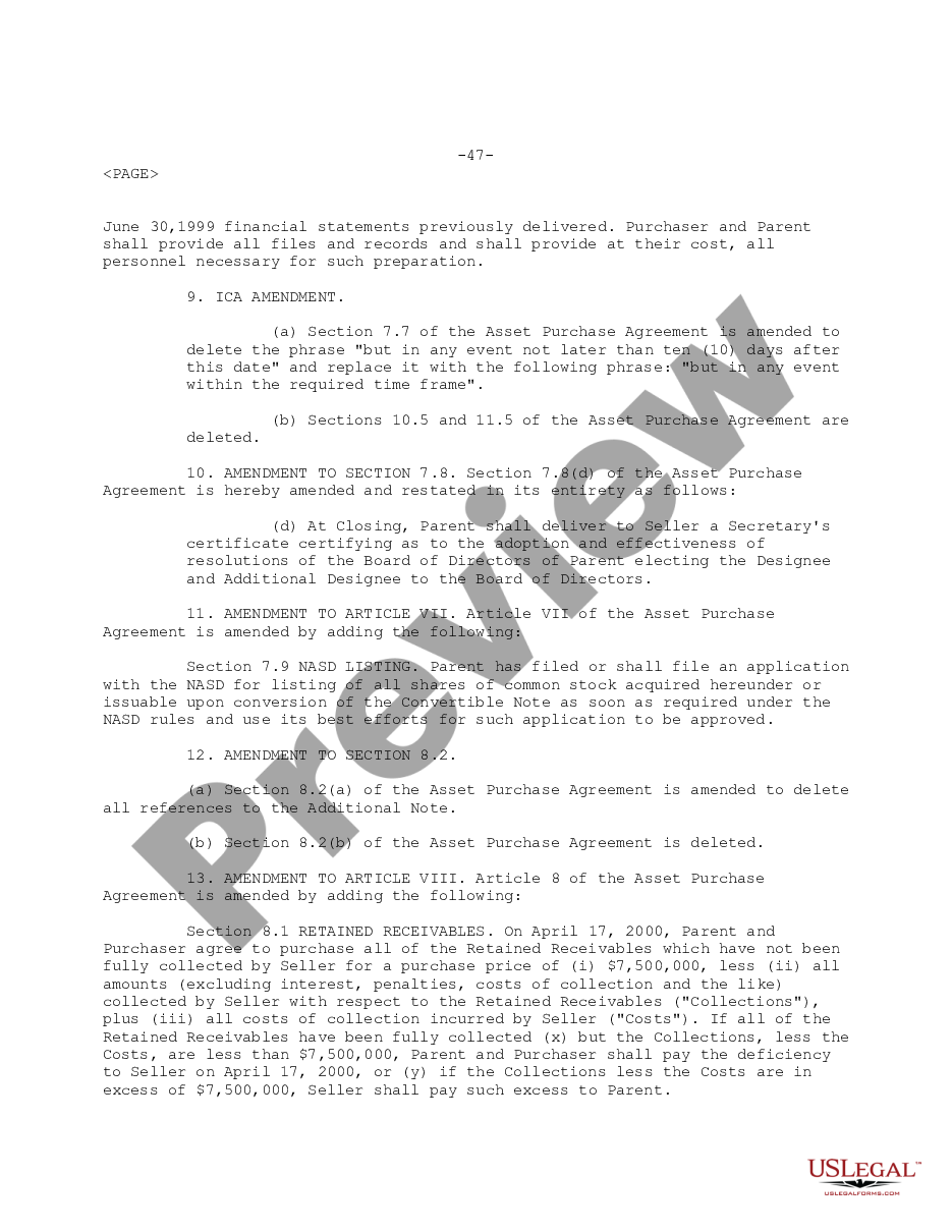 page 2 Amendment to Agreement for the Purchase and Sale of Assets between Moore North America, Inc., Vista DMS, Inc. and Vista Information Solutions, Inc. preview