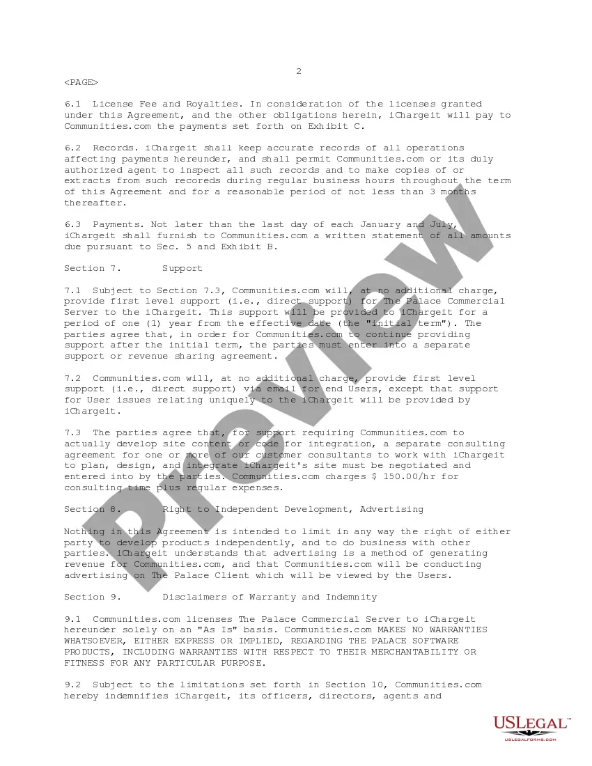 Get Commercial Server License Agreement between Communities.Com and Ichargeit.Com, Inc. regarding visual chat software development, marketing and distribution Preview Commercial Server License Agreement between Communities.Com and Ichargeit.Com, Inc. regarding visual chat software development, marketing and distribution