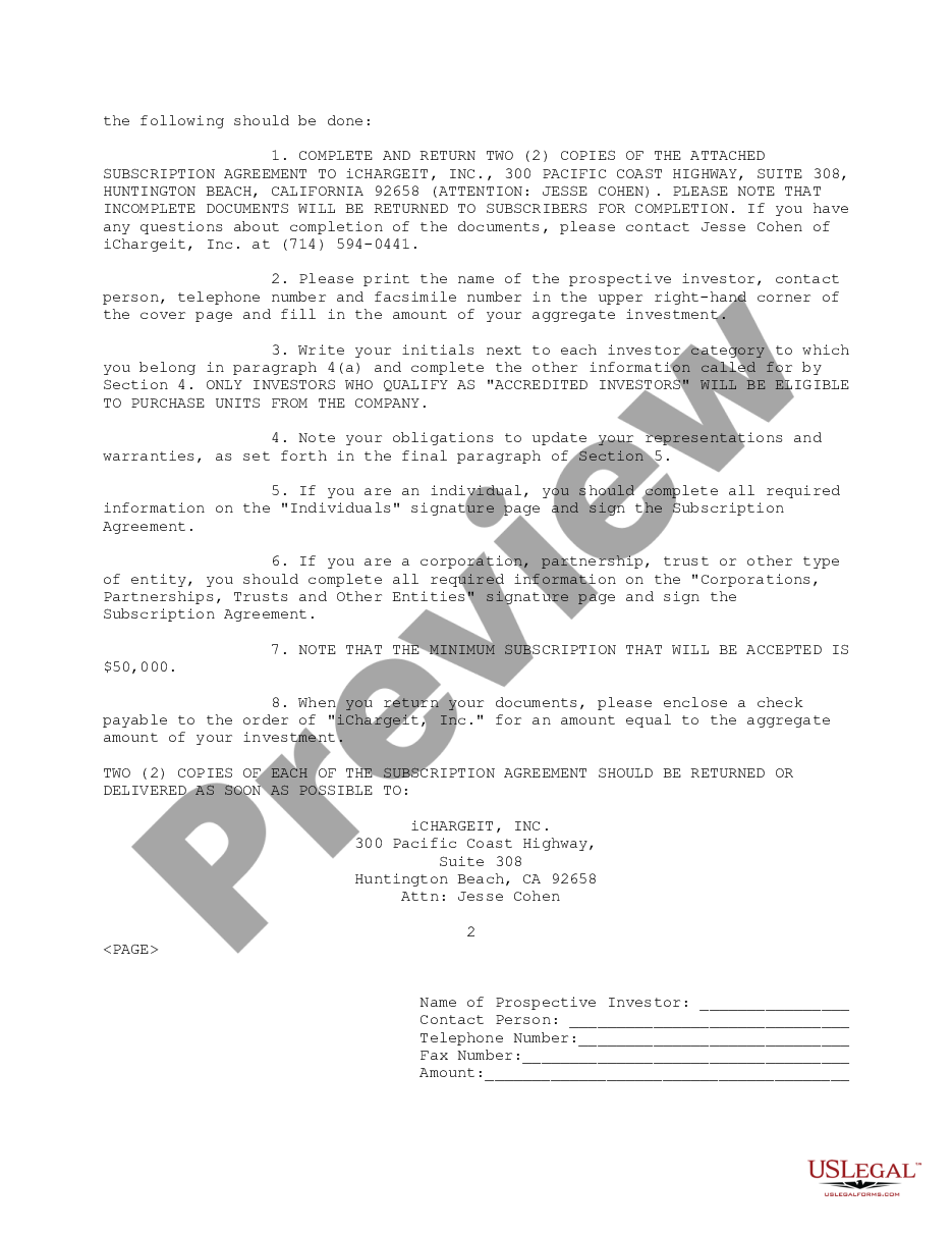 page 1 Subscription Agreement between Ichargeit.Com, Inc. and prospective investor for the purchase of units consisting of common stock and common stock warrant preview