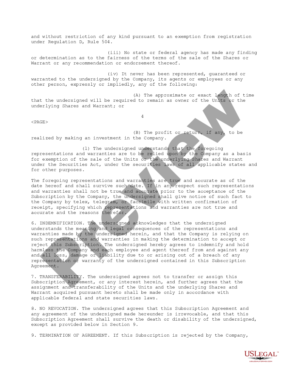 page 6 Subscription Agreement between Ichargeit.Com, Inc. and prospective investor for the purchase of units consisting of common stock and common stock warrant preview