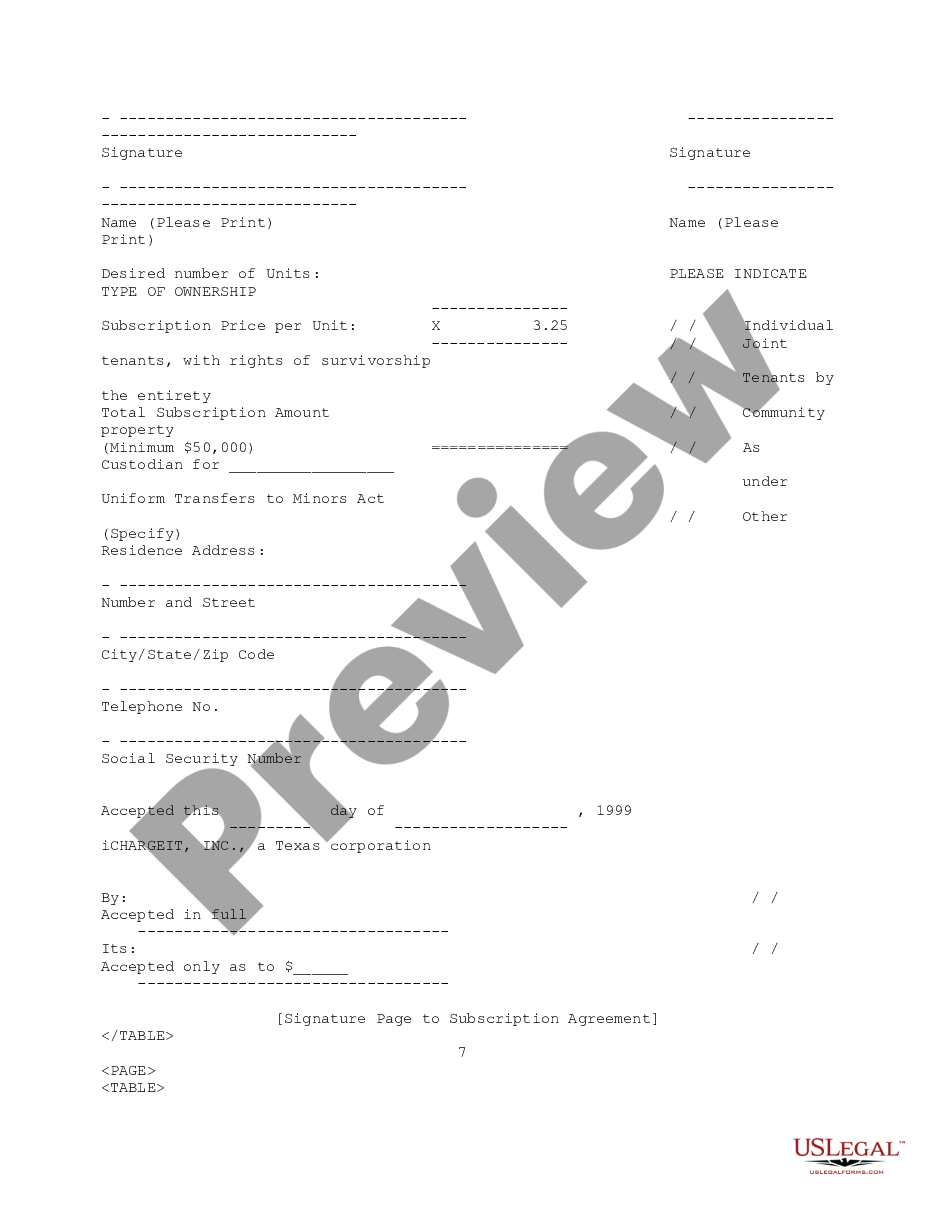 page 8 Subscription Agreement between Ichargeit.Com, Inc. and prospective investor for the purchase of units consisting of common stock and common stock warrant preview