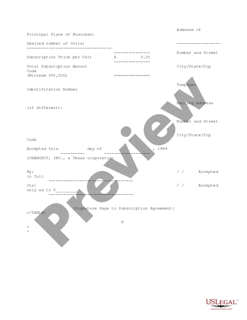 Get Subscription Agreement between Ichargeit.Com, Inc. and prospective investor for the purchase of units consisting of common stock and common stock warrant Preview Subscription Agreement between Ichargeit.Com, Inc. and prospective investor for the purchase of units consisting of common stock and common stock warrant