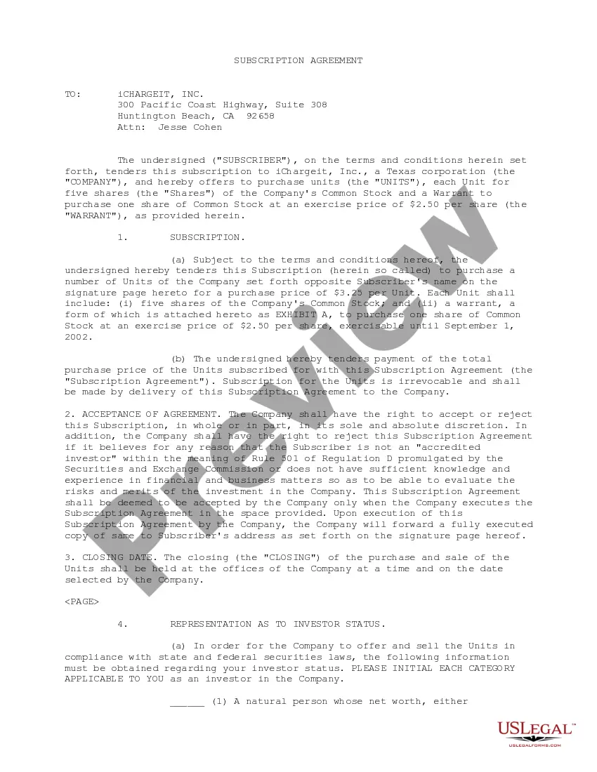 Get Subscription Agreement between Ichargeit.Com, Inc. and prospective investor for the purchase of units consisting of common stock and common stock warrant Preview Subscription Agreement between Ichargeit.Com, Inc. and prospective investor for the purchase of units consisting of common stock and common stock warrant