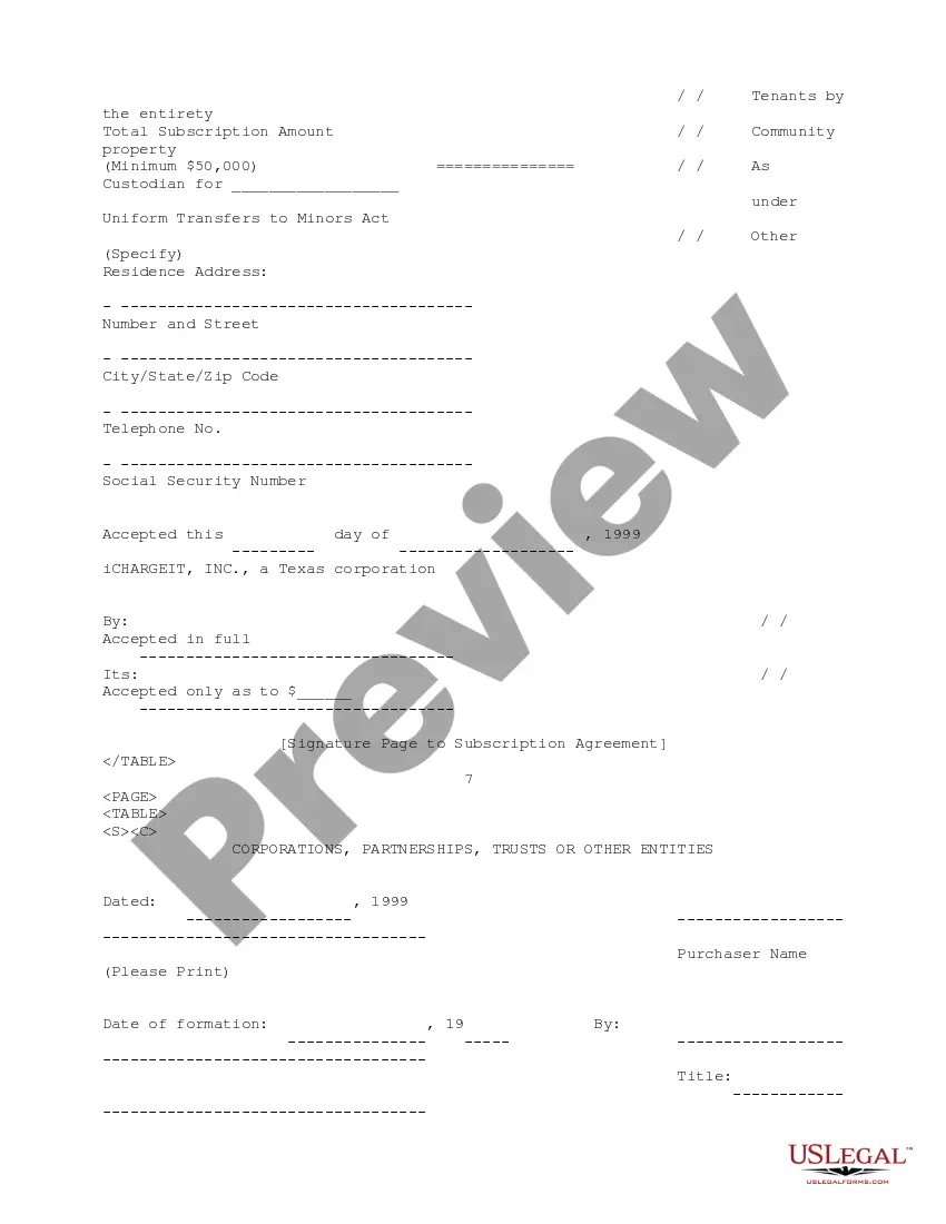 Get Subscription Agreement between Ichargeit.Com, Inc. and prospective investor for the purchase of units consisting of common stock and common stock warrant Preview Subscription Agreement between Ichargeit.Com, Inc. and prospective investor for the purchase of units consisting of common stock and common stock warrant