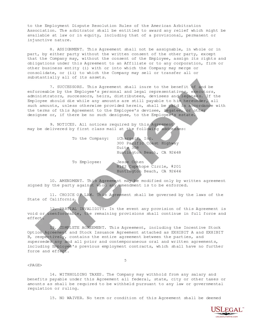 Get sample Employment Agreement with Ichargeit.Com, Inc. Preview sample Employment Agreement with Ichargeit.Com, Inc.