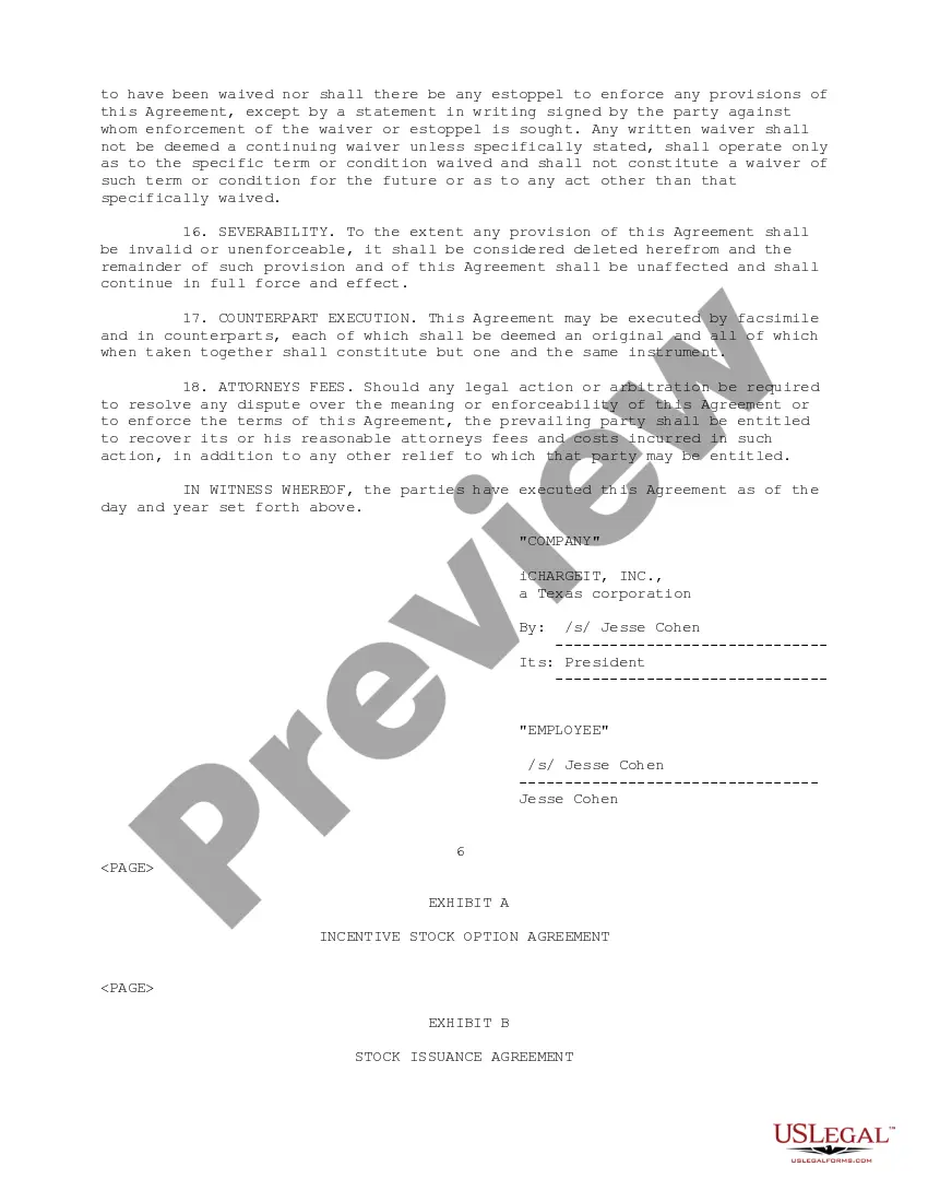 Get sample Employment Agreement with Ichargeit.Com, Inc. Preview sample Employment Agreement with Ichargeit.Com, Inc.