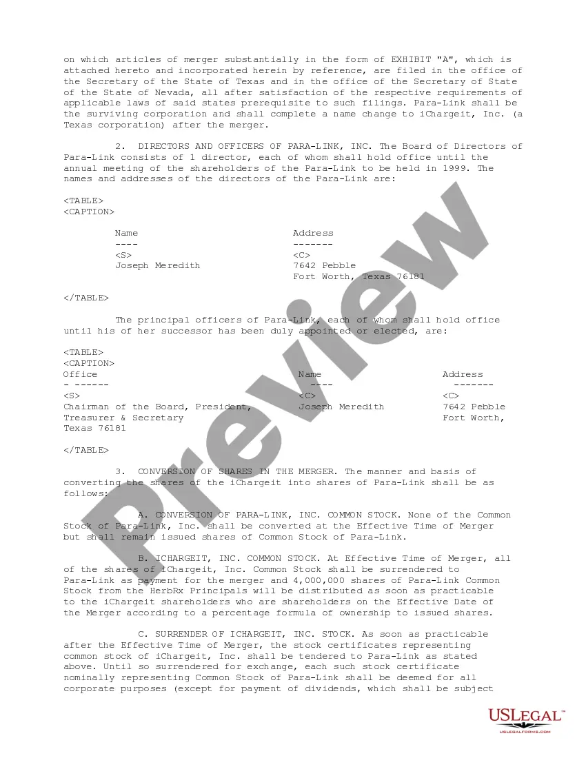 Get Merger Plan and Agreement between Ichargeit.Com, Inc. and Para-Link, Inc. Preview Merger Plan and Agreement between Ichargeit.Com, Inc. and Para-Link, Inc.