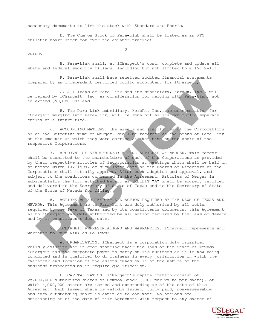 Get Merger Plan and Agreement between Ichargeit.Com, Inc. and Para-Link, Inc. Preview Merger Plan and Agreement between Ichargeit.Com, Inc. and Para-Link, Inc.