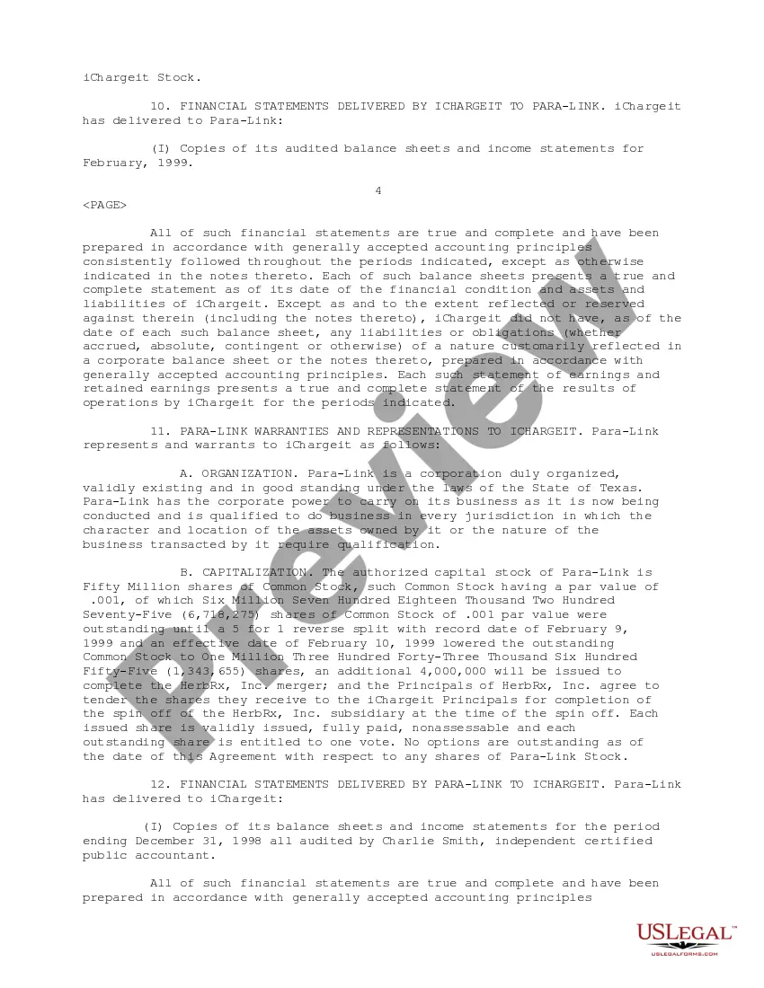 Get Merger Plan and Agreement between Ichargeit.Com, Inc. and Para-Link, Inc. Preview Merger Plan and Agreement between Ichargeit.Com, Inc. and Para-Link, Inc.
