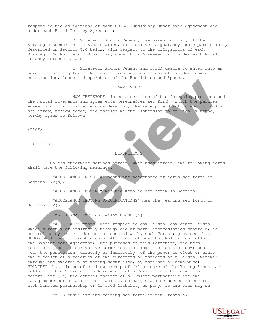 Preview Strategic Anchor Tenant Agreement between Carrier1 International SA and Hubco SA