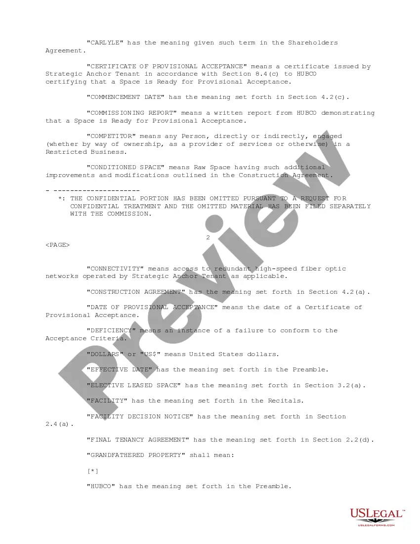 Preview Strategic Anchor Tenant Agreement between Carrier1 International SA and Hubco SA